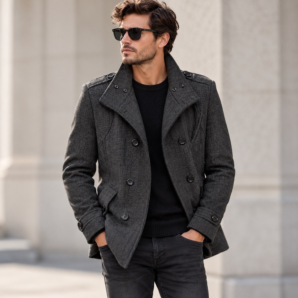 Buckle Black Mens M Wool Herringbone Coat Gray Double Breasted Military Slim Fit